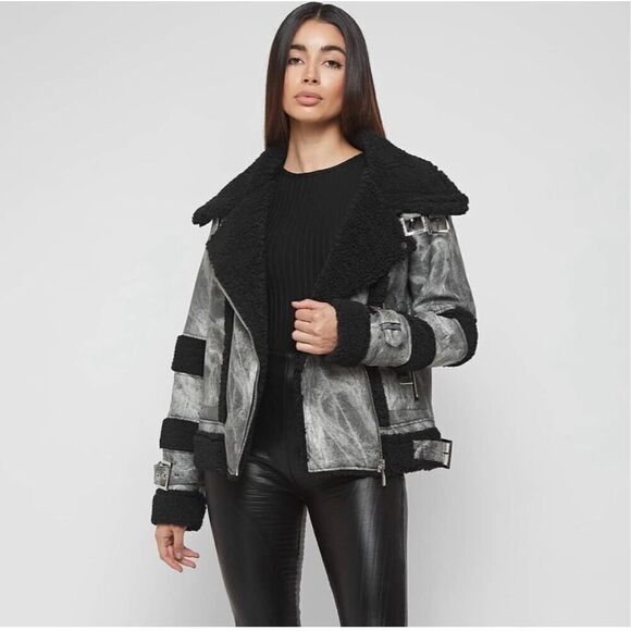 Maniere De Voir Jackets & Blazers - Maniere De Voir Women’s Marbled Grey Vegan Leather Borg Biker Jacket
